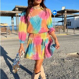 NEVER FULLY DRESSED Rainbow Unicorn Ombre Ruffle Boho Tie Dye Mini Dress 16